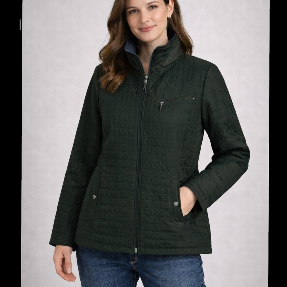 St.John’s Bay Black/Green Quilted Crop Neck Snap Waist Zip Jacket Size XL